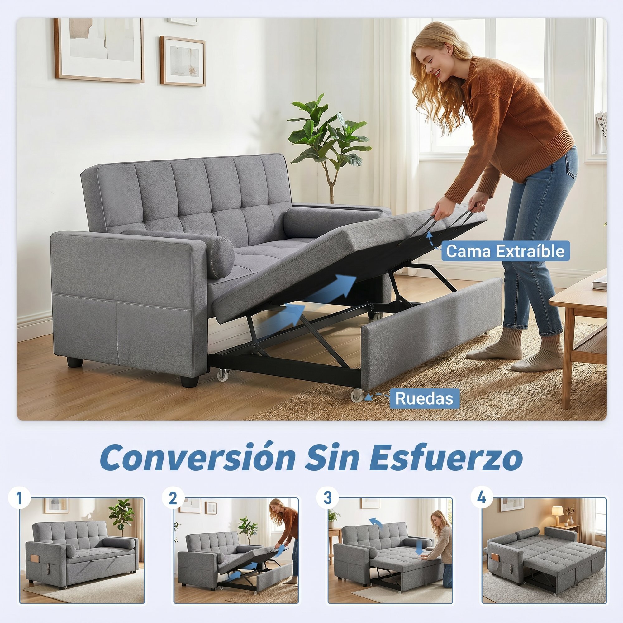 HOMCOM Sofá Cama 2 Plazas 3 en 1, Sofá Cama Deslizantede Tejido Lino con Respaldo Ajustable 6 Niveles, Bolsillos Laterales, 2 Cojines con Fundas Extraíbles para Sala de Estar, Espacios Pequeños, Gris
