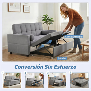 HOMCOM Sofá Cama 2 Plazas 3 en 1, Sofá Cama Deslizantede Tejido Lino con Respaldo Ajustable 6 Niveles, Bolsillos Laterales, 2 Cojines con Fundas Extraíbles para Sala de Estar, Espacios Pequeños, Gris