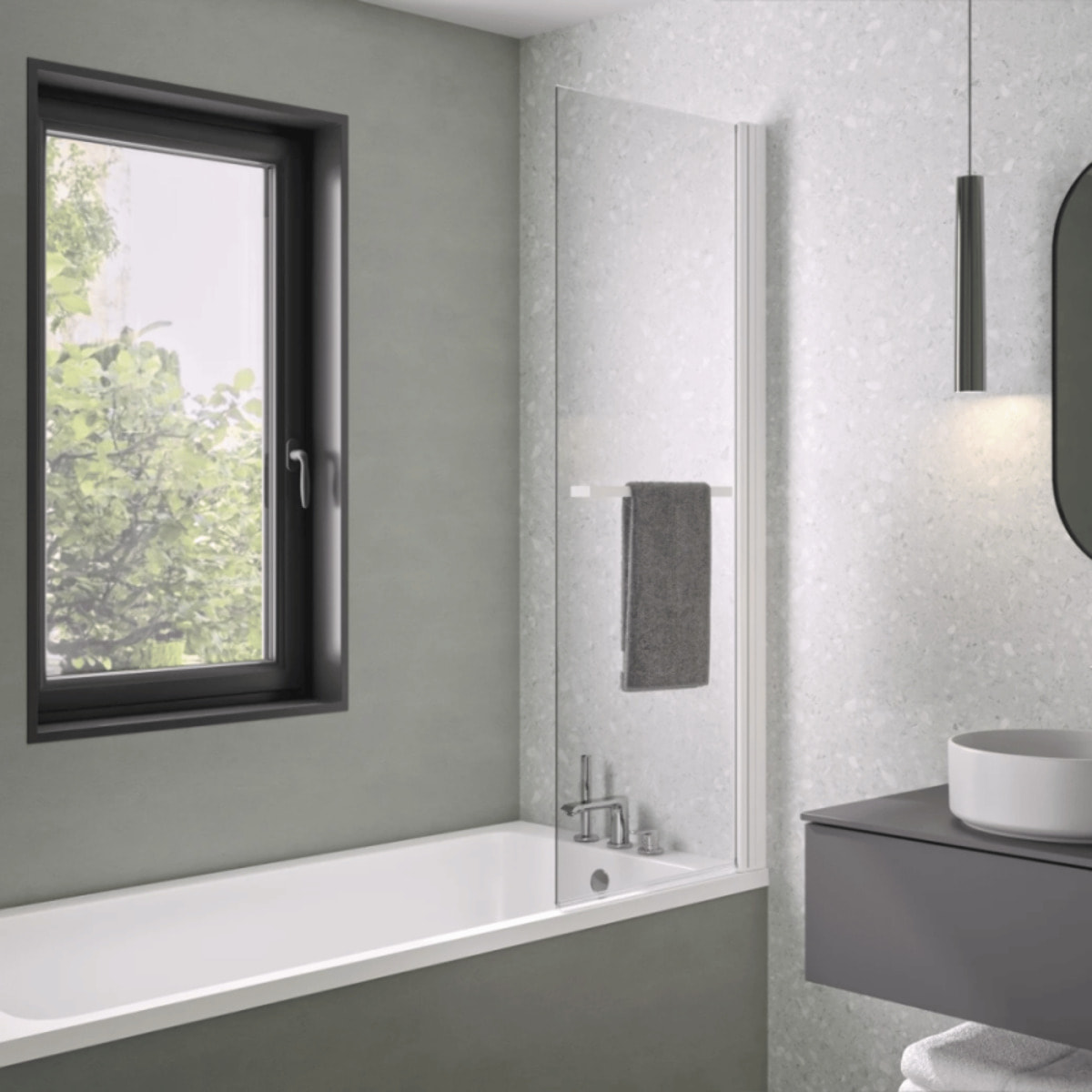 Pare bain relevable et pivotant 75x150cm KINEDO Columba 1 volet réversible avec porte serviette blanc