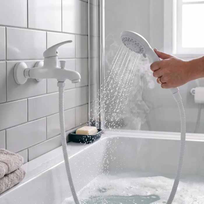 Flexible de douche inox NÉO 1,80 m – Anti-torsion – Connexion universelle F 1/2 – Certification ACS – Blanc Ø 14 mm