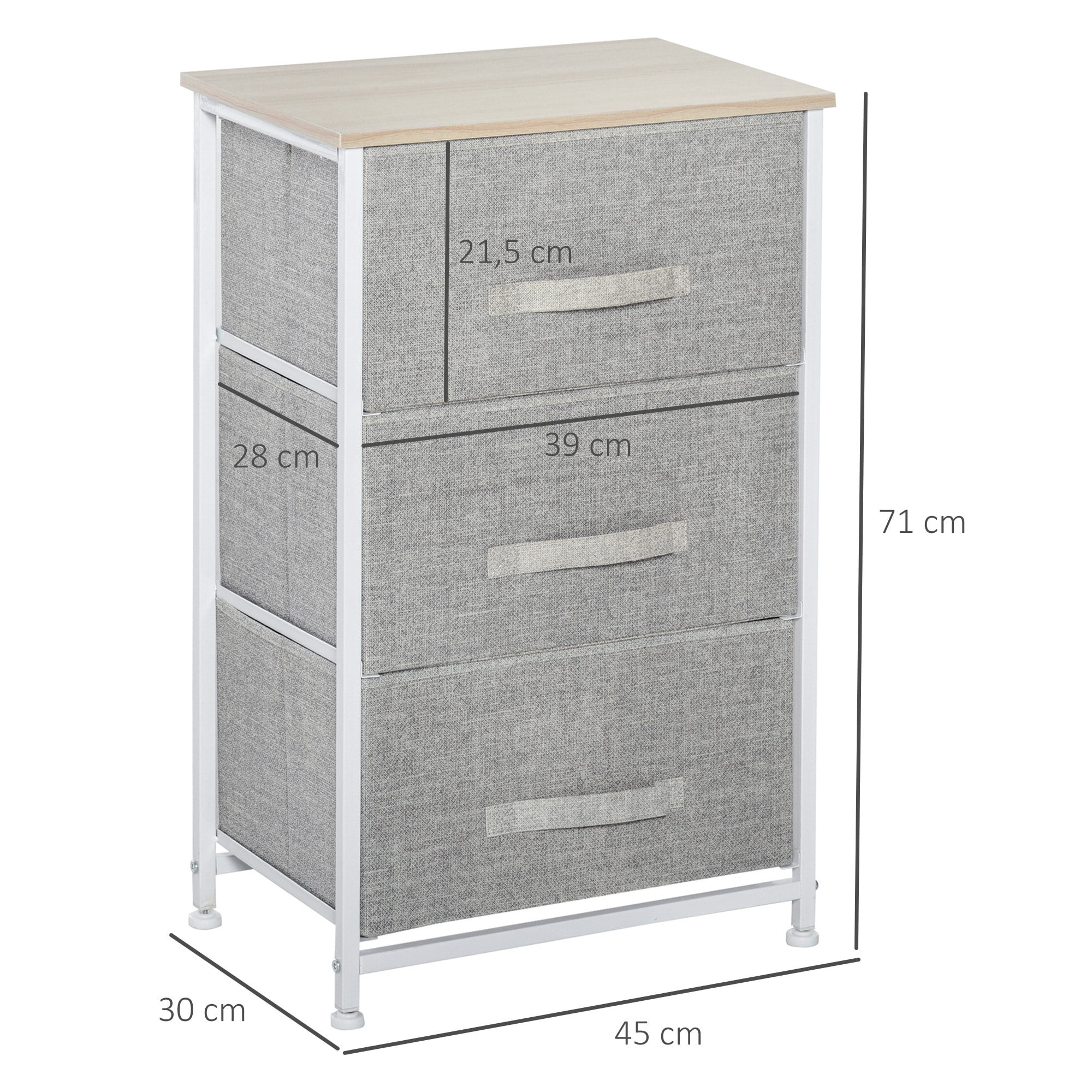 Rangement 3 tiroirs chiffonnier métal blanc effet bois clair non tissé gris clair