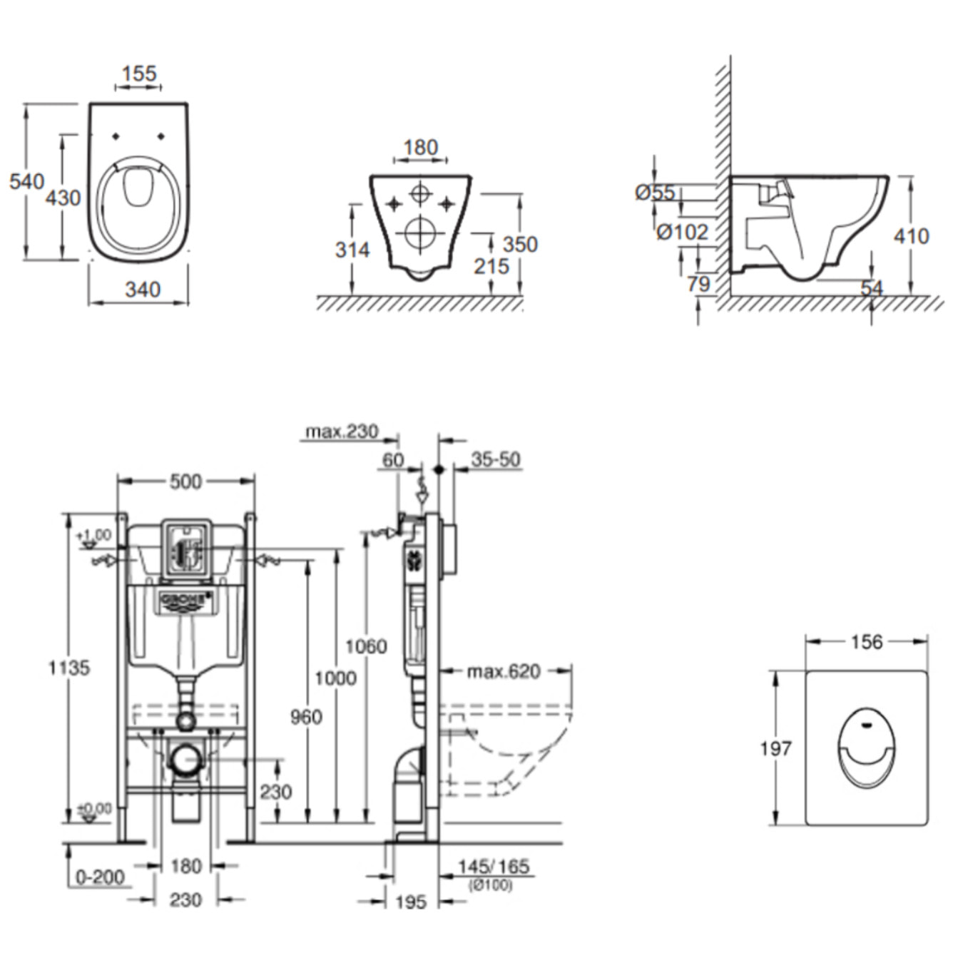 Pack WC suspendu sans bride Struktura + Bati-support GROHE + plaque Start blanc + porte-rouleau rond