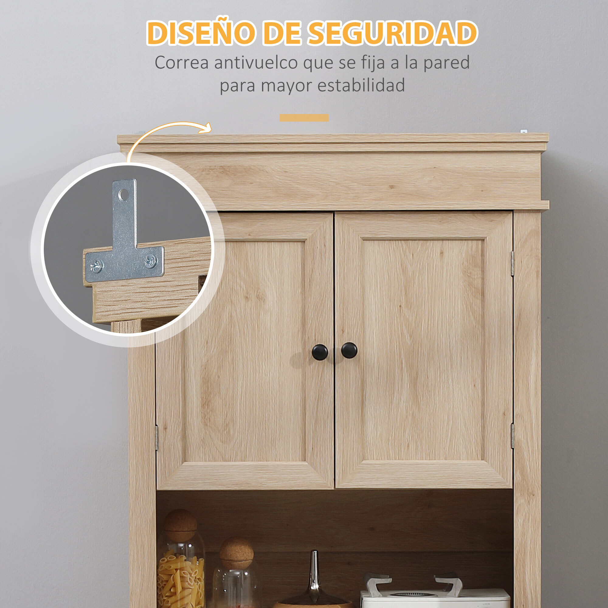 Alacena de Cocina Aparador de Comedor Mueble Auxiliar para Microondas con 4 Puertas 1 Cajón y Estante Abierto para Salón 74x39,5x183 cm Roble
