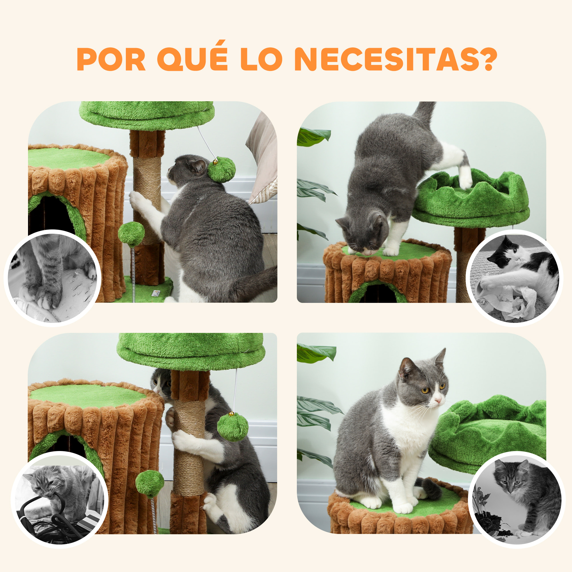 Árbol Rascador para Gatos, Árbol para Gatos 53 cm, Diseño de Tronco, Torre Escalador con Casita, Cama, Poste de Yute, Bolas Colgantes, Marrón y Verde