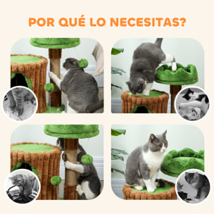 Árbol Rascador para Gatos, Árbol para Gatos 53 cm, Diseño de Tronco, Torre Escalador con Casita, Cama, Poste de Yute, Bolas Colgantes, Marrón y Verde