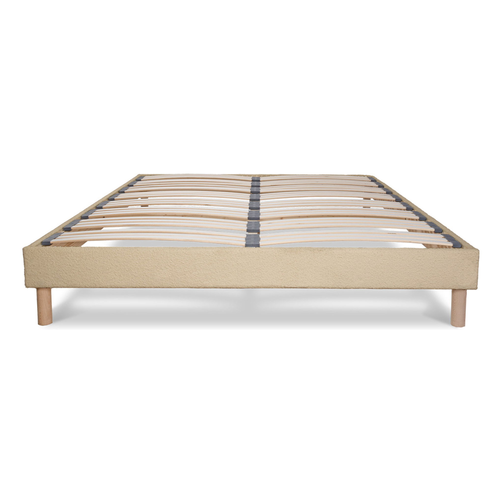 Sommier en Kit Tissu Laine Bouclée Beige, Lattes Bois, Soutien Ferme, Montage Rapide