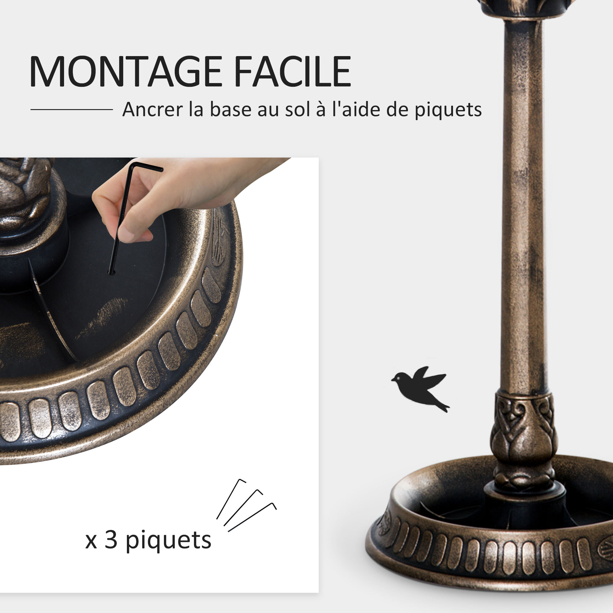 Bain d'oiseaux abreuvoir pour oiseaux jardinière 3 en 1 dim. Ø 50 x 113H cm polypropylène bronze antique