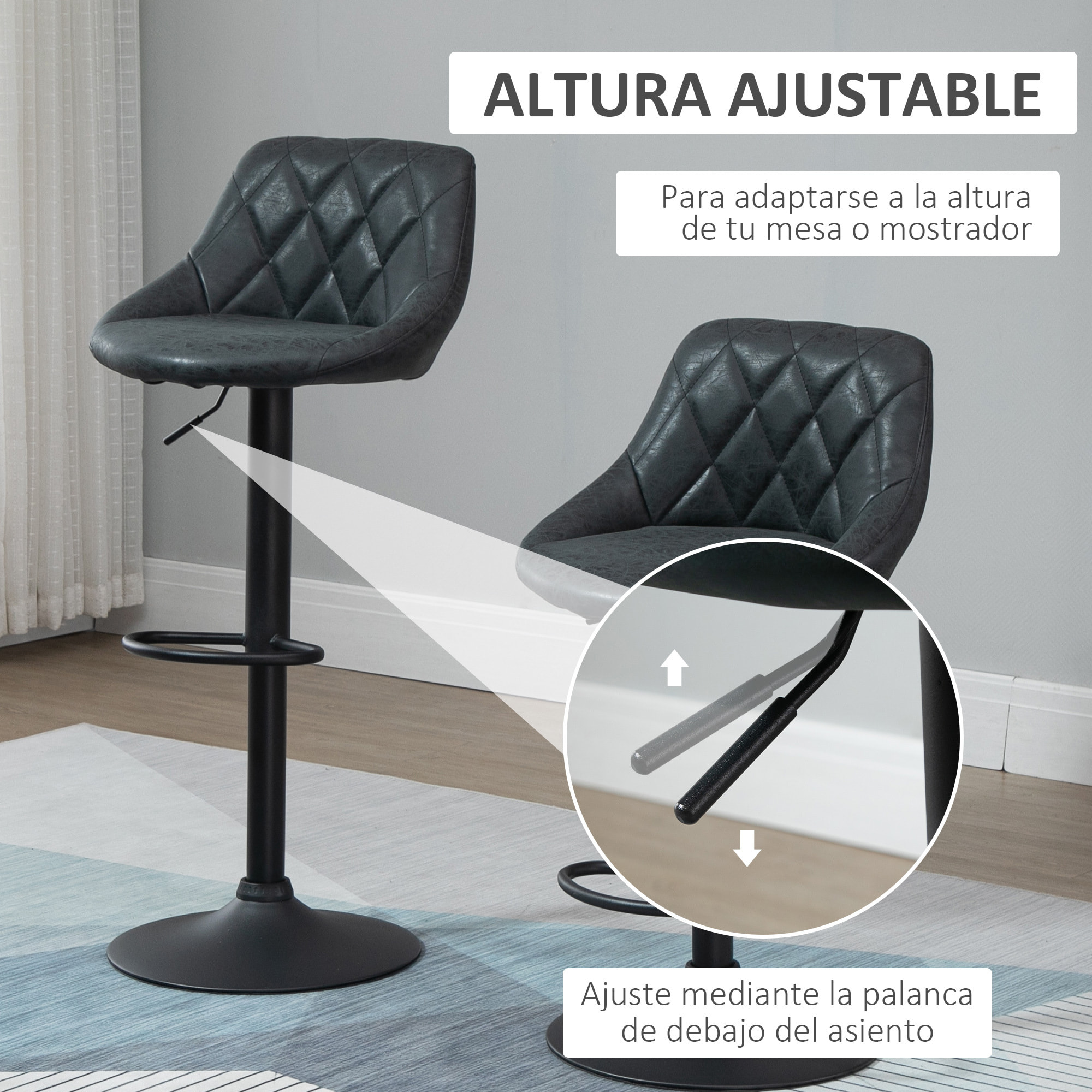 HOMCOM Conjunto de 2 Taburetes de Bar Giratorios con Altura Regulable Sillas Altas Modernas de Comedor con Base Redonda y Reposapiés 46x48x83-104 cm Negro