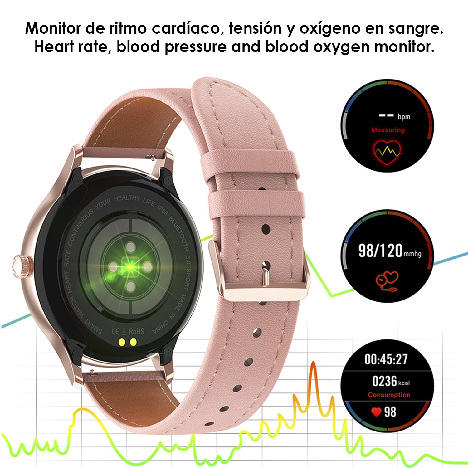 Smartwatch DT66 con cinturino in acciaio. Monitor della pressione sanguigna e dell'ossigeno. Varie modalità sportive. Notifiche per iOS e Android.