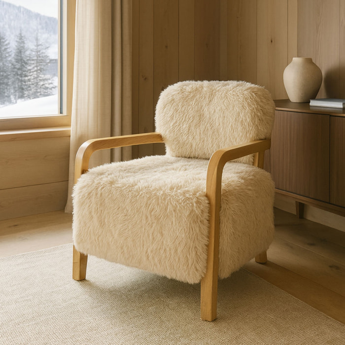 Fauteuil effet fourrure beige et structure en bois  YACK