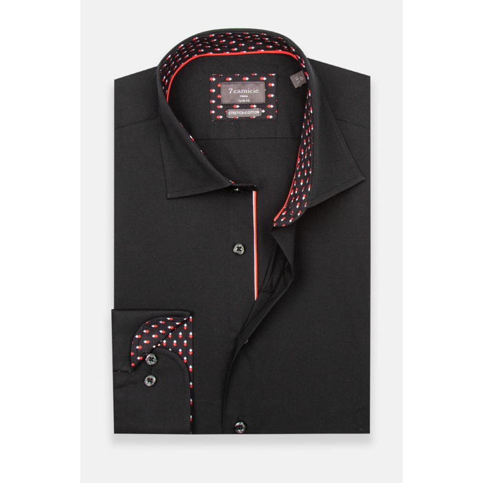 Camicia Uomo 1 Bottone Francese Slim Popeline Stretch Unito Nero