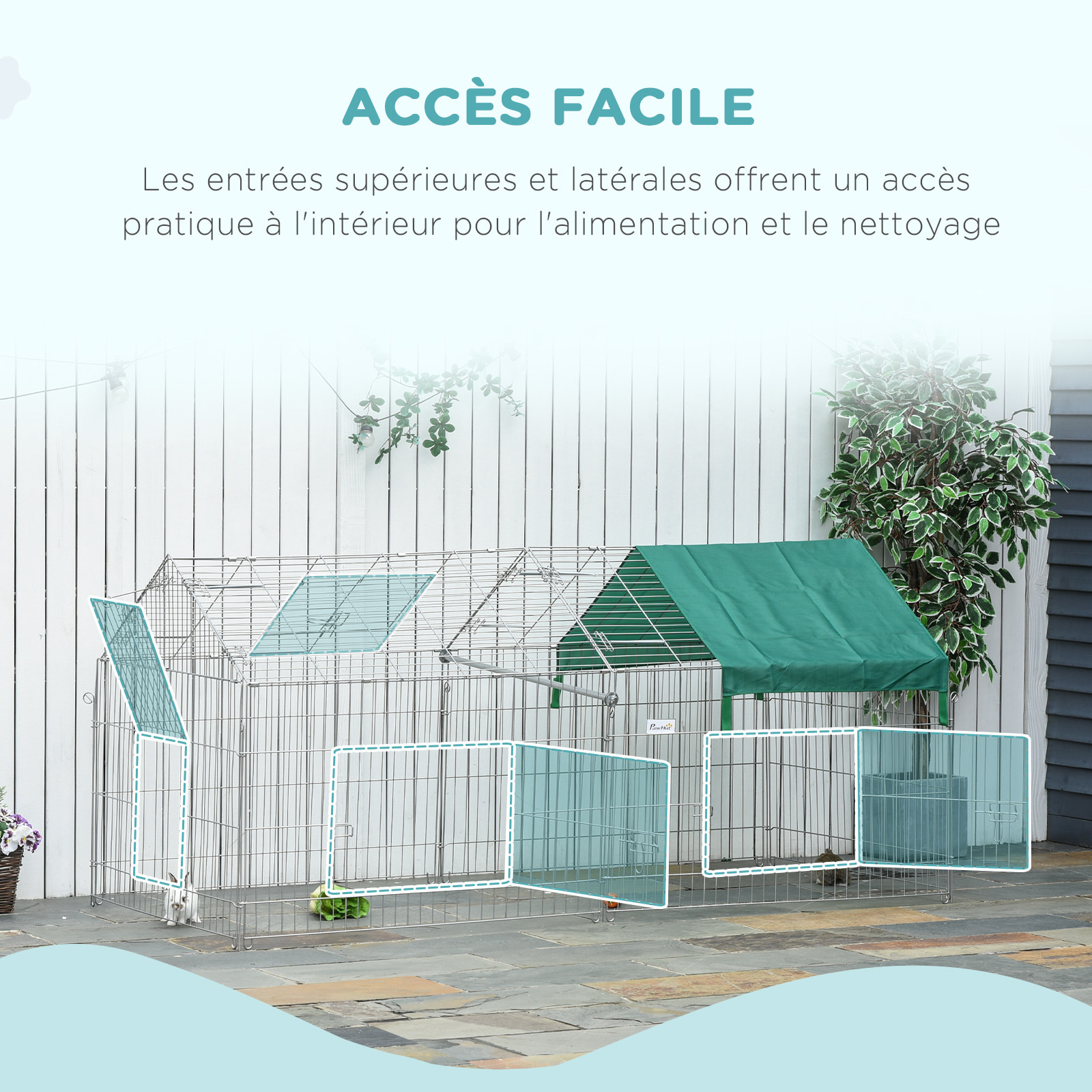 PawHut Parc enclos métal époxy cage extérieure dim. 2,20L x 1,03l x 1,03H m 3 portes et trappe surface abrité PE vert