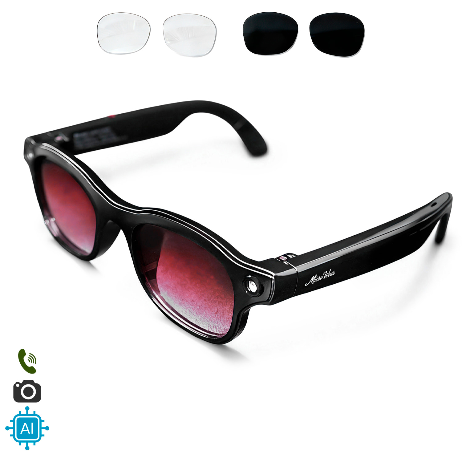 Occhiali intelligenti W93 con fotocamera da 8 MP per foto e video a 1200p. 16 GB di memoria interna. Traduttore in tempo reale con assistente vocale intelligente e 3 tipi di lenti.