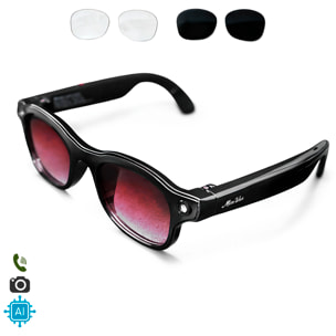 Occhiali intelligenti W93 con fotocamera da 8 MP per foto e video a 1200p. 16 GB di memoria interna. Traduttore in tempo reale con assistente vocale intelligente e 3 tipi di lenti.