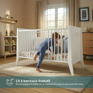 Lit Evolutif Timéo à barreaux 60 x 120 cm, Blanc, en Bois, 3 Hauteurs, Barreaux amovibles