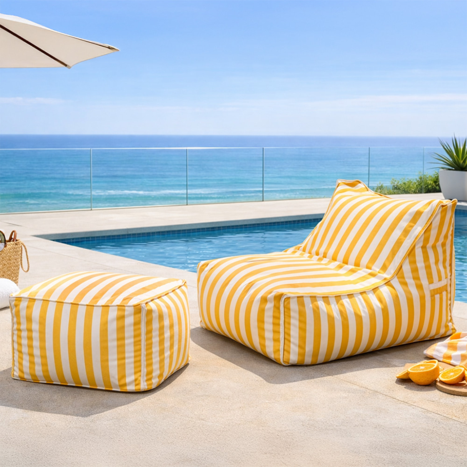 BOLOGNE Ensemble de poufs d’extérieur rayés jaune déperlant