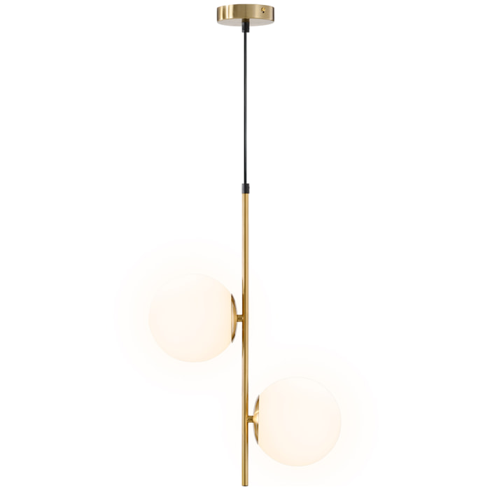 Suspension design néo-rétro 2 globes verre blanc opaque max. 40W métal doré