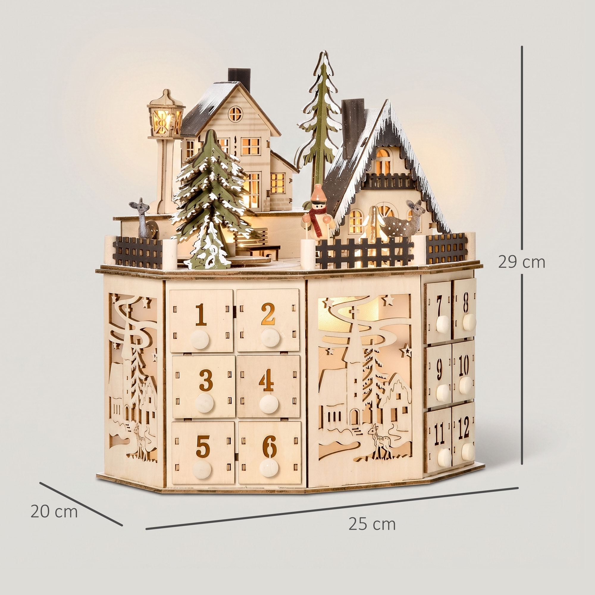 HOMCOM Calendario de Adviento para Rellenar de Madera, con Luces LED y 24 Cajones, Calendario de Adviento de Navidad Reutilizable con Escena de Pueblo, Decoración Navideña, 25x20x29 cm, Natural