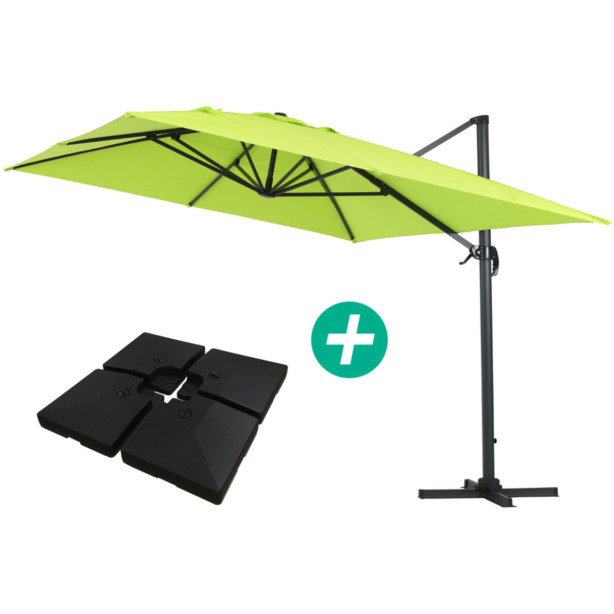 Parasol jardin déporté Alu "Sun 4 " - Rectangle - 3 x 4 m - Vert - Dalles à lester incluses