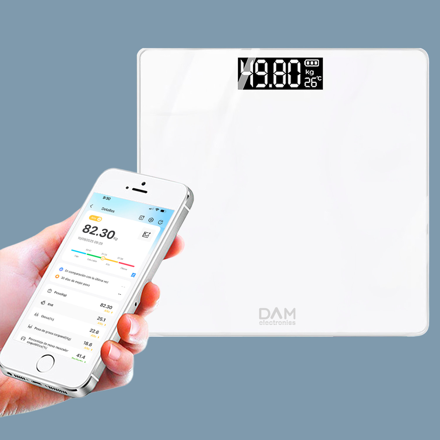 Bilancia intelligente con bioimpedenza, Bluetooth e App. Peso, percentuale di grasso, IMC, età corporea, ecc.