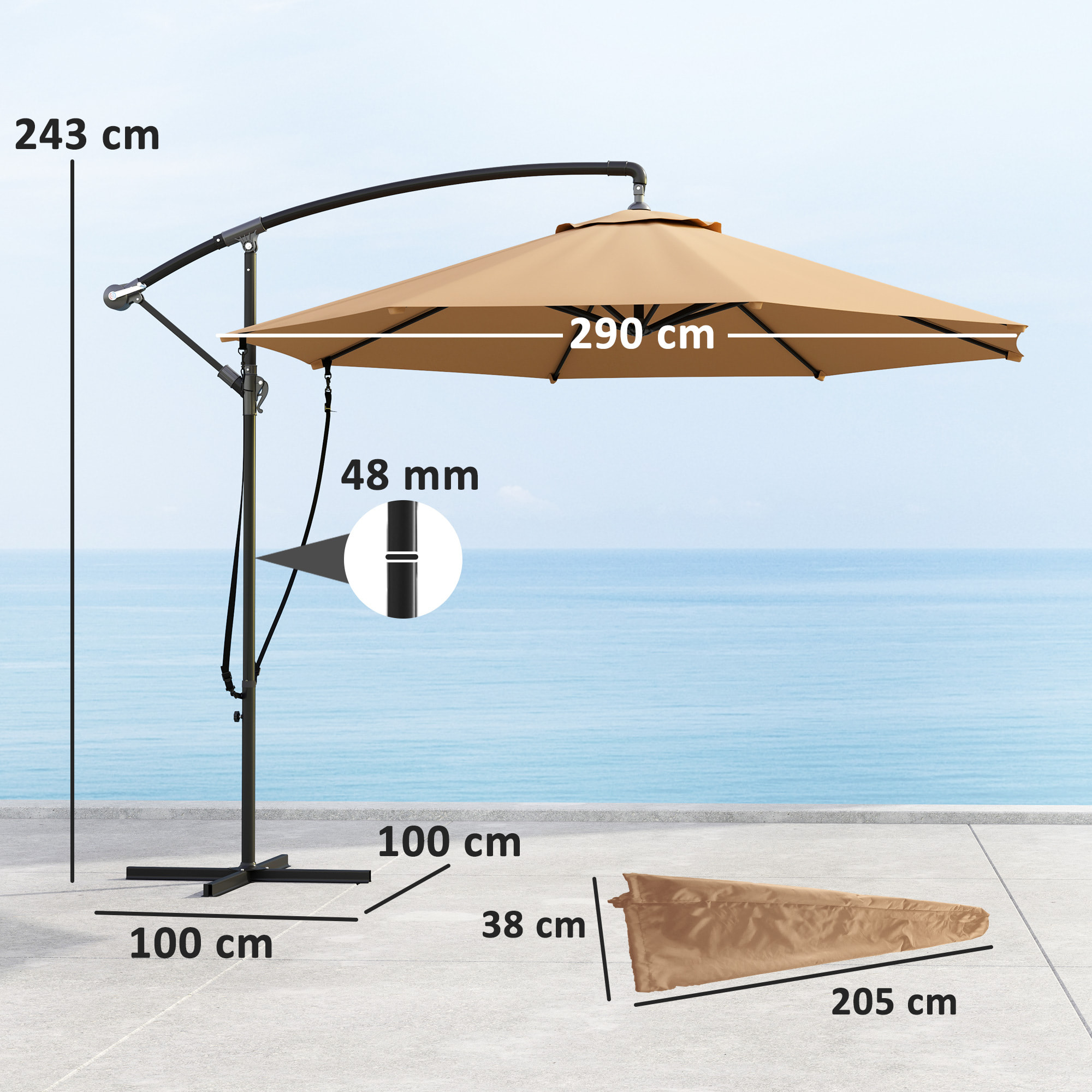 Parasol Excéntrico Ø 290 cm Sombrilla de Jardín con Base Cruzada Manivela Funda para Sombrilla y Cuerda de Viento Anti-UV 50+ Sombrilla para Terraza Patio Caqui