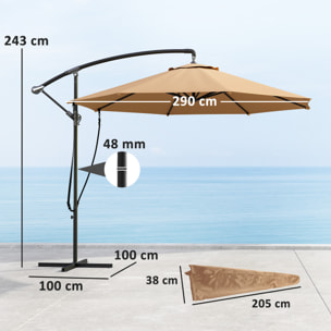 Parasol Excéntrico Ø 290 cm Sombrilla de Jardín con Base Cruzada Manivela Funda para Sombrilla y Cuerda de Viento Anti-UV 50+ Sombrilla para Terraza Patio Caqui