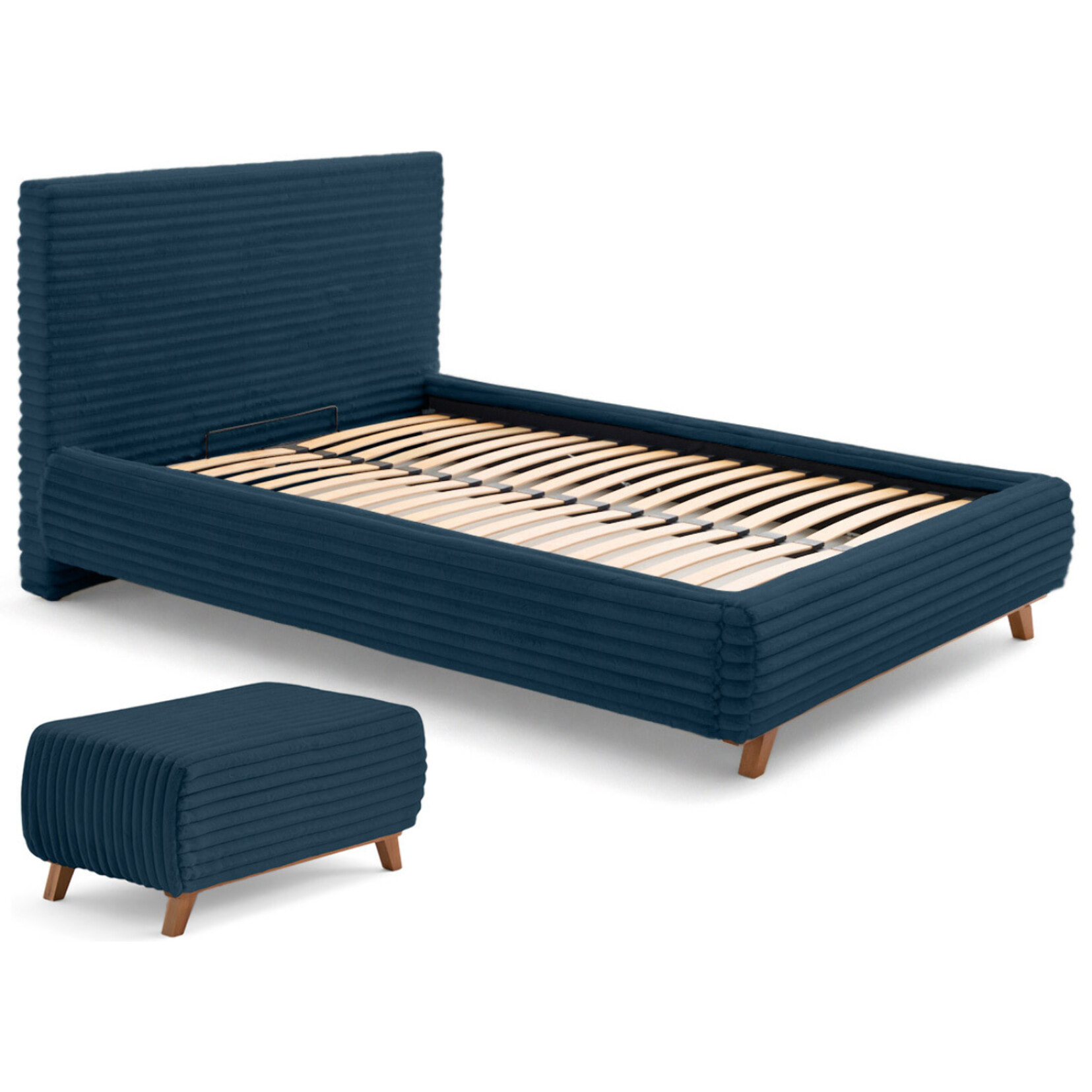 Cristal - lit coffre avec bout de lit - 180x200 - sommier inclus - fausse fourrure côtelée - Bleu