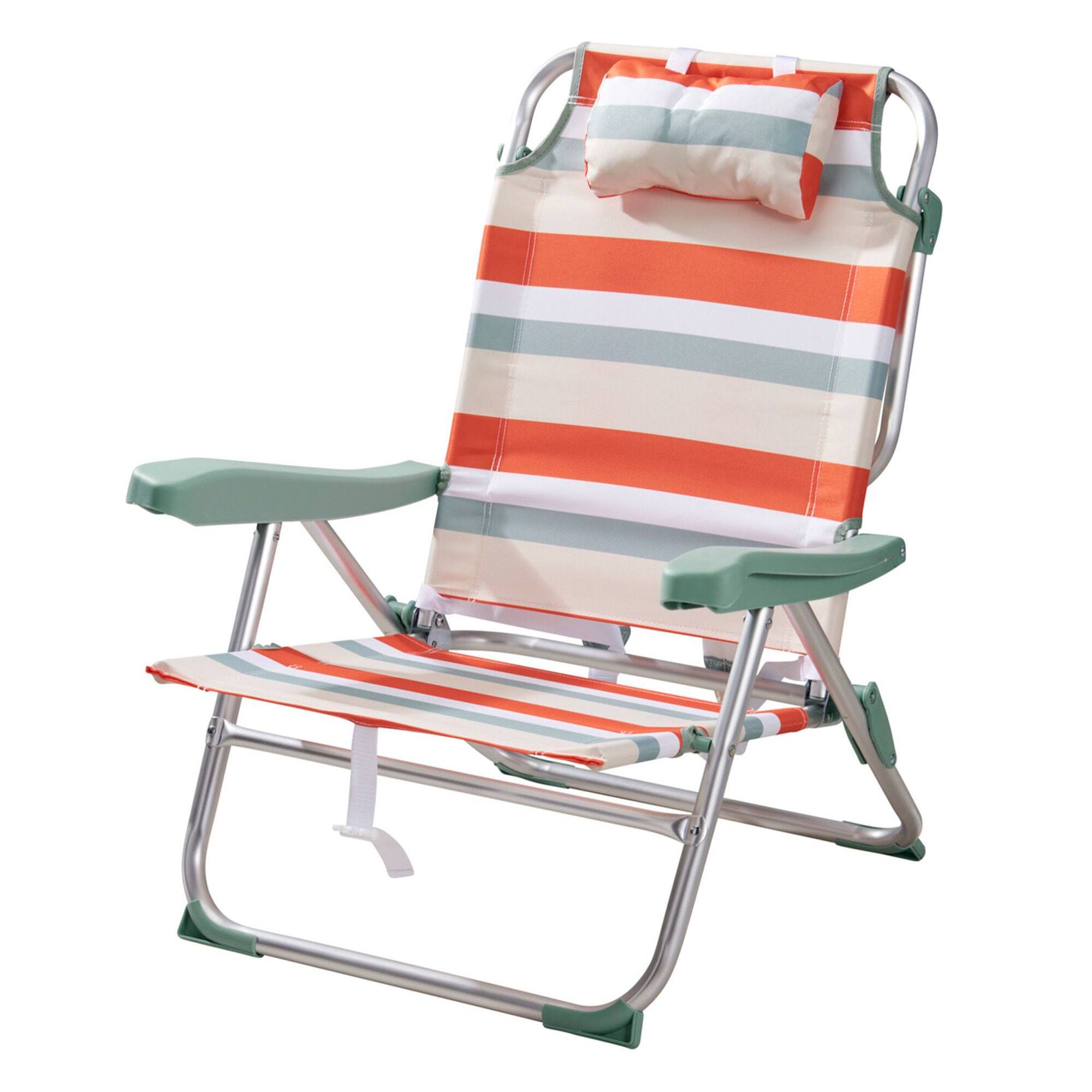 Silla plegable reclinable con almohada 64x63x32/82cm aluminio anodizado, rayas rojas, tejido 600x300d hasta 110kg