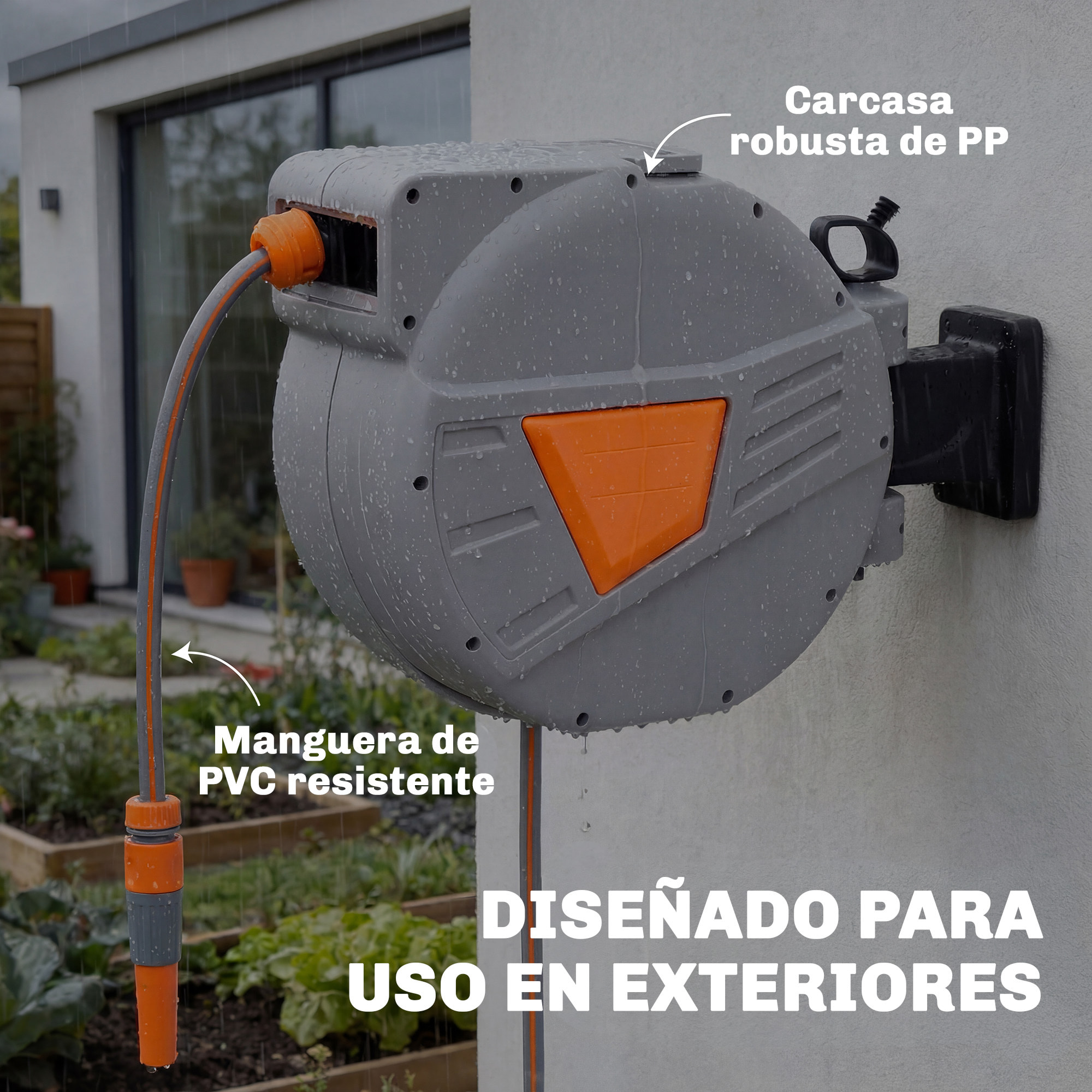Enrollador de Manguera para Jardín 20+1,6 m con Boquilla de 2 Modos, Carrete de Manguera de Jardín de Pared con Bloqueo Automático y Retracción Controlada, Soporte Orientable 180°, Naranja