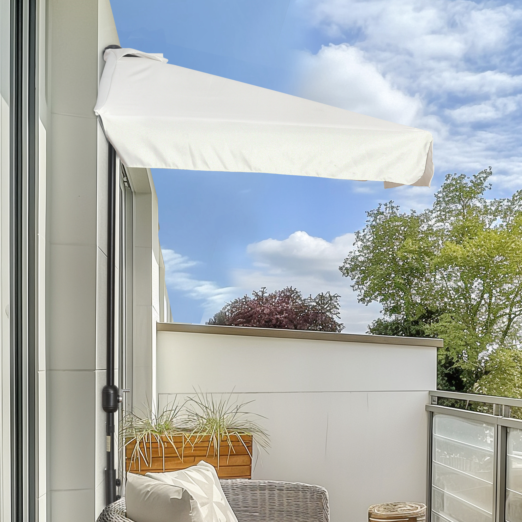Sombrilla Rectangular 230x130x249 cm Parasol para Pared Media Sombrilla con Manivela Protección UV Impermeable Sombrilla para Balcón Terraza Jardín Crema