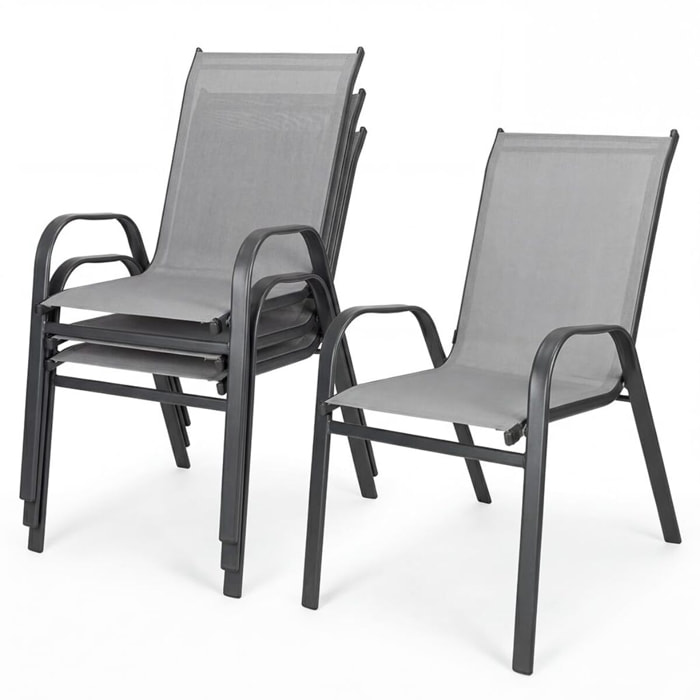 Set 4 sedie da giardino in acciaio zincato verniciato a polvere con seduta in texilene traspirante, resistenti agli agenti atmosferici, leggere e confortevoli, ideali per balcone terrazzo e outdoor, facili da pulire e durevoli