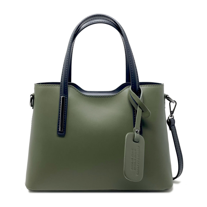 Chicca Borse - Borsa a Mano Donna in Vera Pelle - Colore Verde Militare - Nero