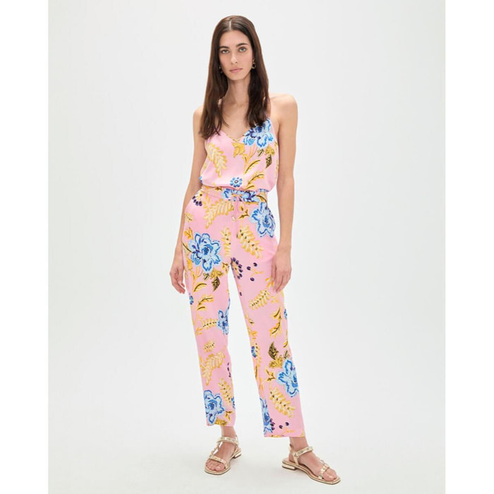 Jogger in raso con stampa floreale