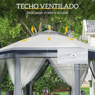 Carpa Plegable 4x3,4 m, Cenador de Jardín Hexagonal con Doble Techo, 6 Mosquiteras Extraíbles y Bolsa de Transporte, Impermeable, Anti-UV para Exterior, Fiestas, Gris