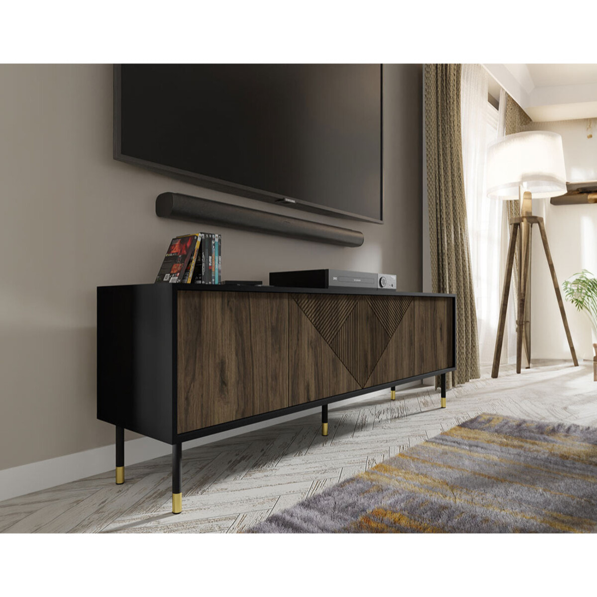 Kirua - meuble tv - 4 portes - 180 cm - Noir / Bois
