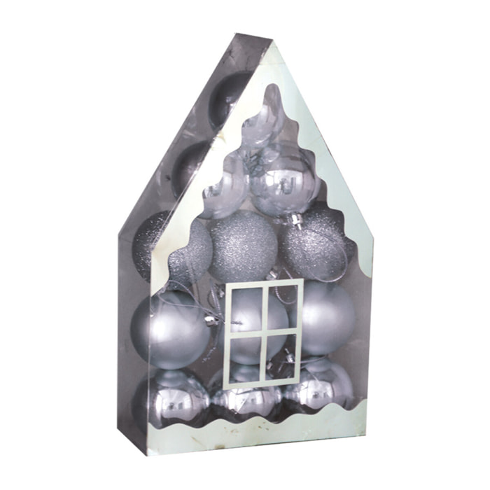 Coffret maisonnette de 12 boules argentées