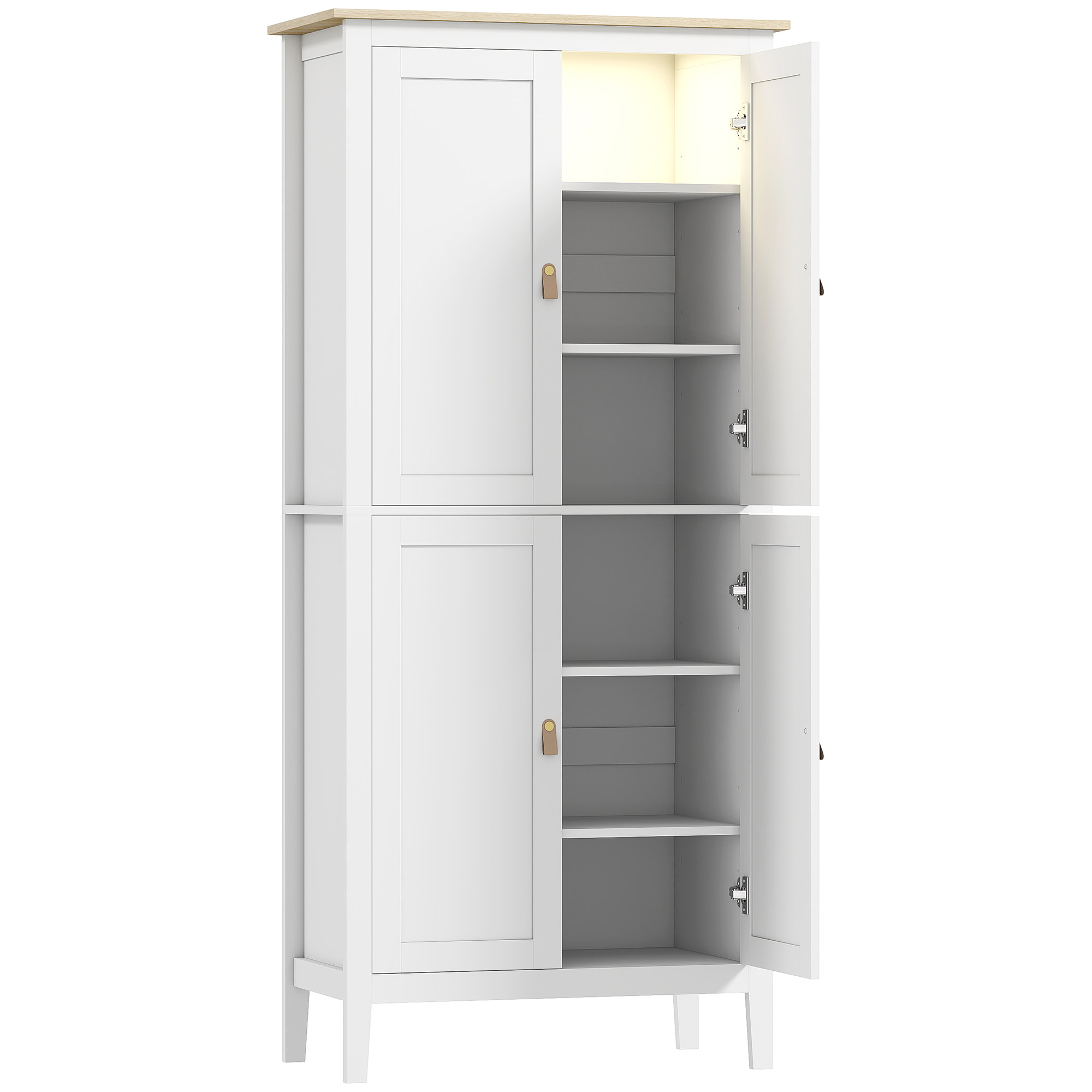 Armoire de cuisine LED - 4 portes, 6 niveaux - poignée bouton doré effet cuir MDF blanc effet bois