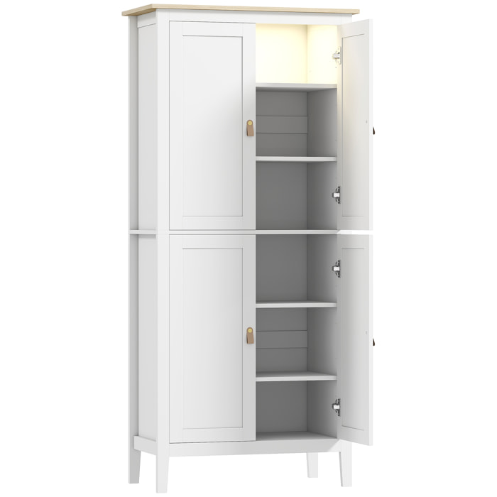 Armoire de cuisine LED - 4 portes, 6 niveaux - poignée bouton doré effet cuir MDF blanc effet bois