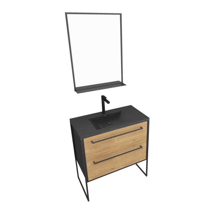 Meuble de salle de bain 80x50 cm NOIR MAT - 2 tiroirs - vasque résine noire effet pierre + miroir