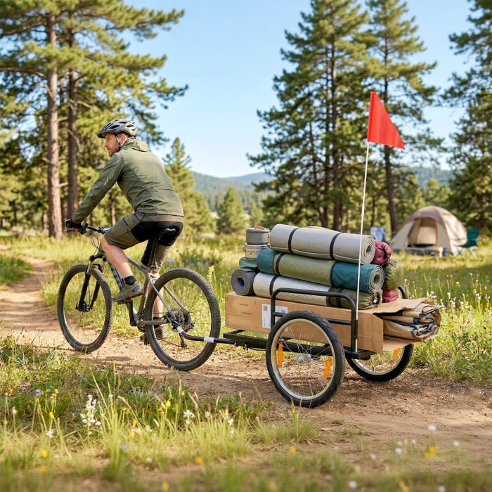 Remolque de Bicicleta para Carga 40 kg, Carro de Mano de Acero con Bandera Roja, Ruedas de 16 Pulgadas, para Transporte de Equipaje, para Bici de 22 a 28 Pulgadas, 145x60x42 cm, Negro