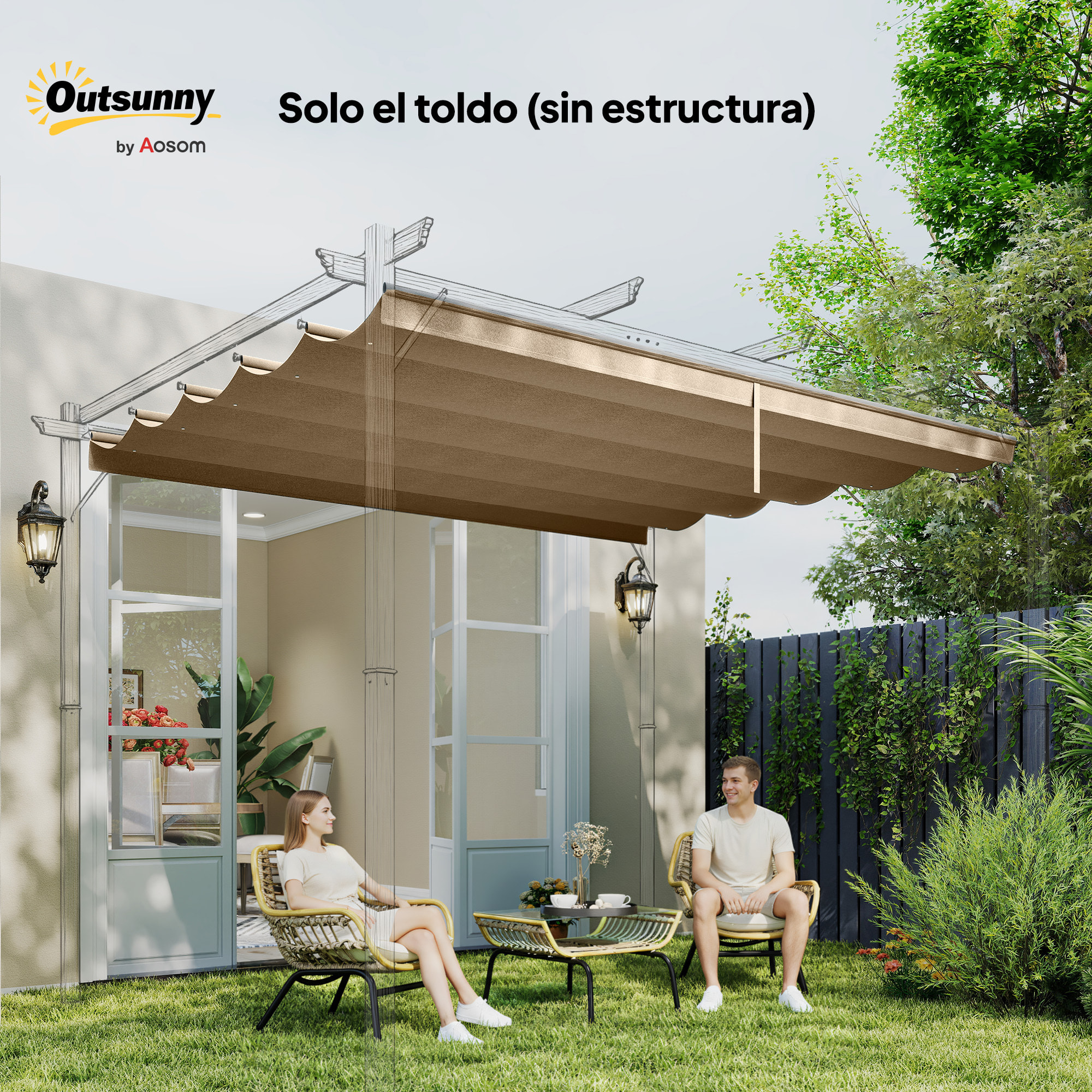 Techo de Pérgola 2,5x2,55 m, Techo de Repuesto Retráctil para Marco de Pérgola de 3x3 m, UV30+, Toldo de Tela Solo para Cenador Jardín con 10 Orificios de Drenaje, Pardo