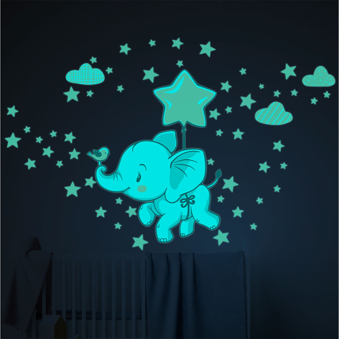 Sticker phosphorescent lumineux - ÉLÉPHANTS JOYEUX DANS LES NUAGES + 120 ÉTOILES