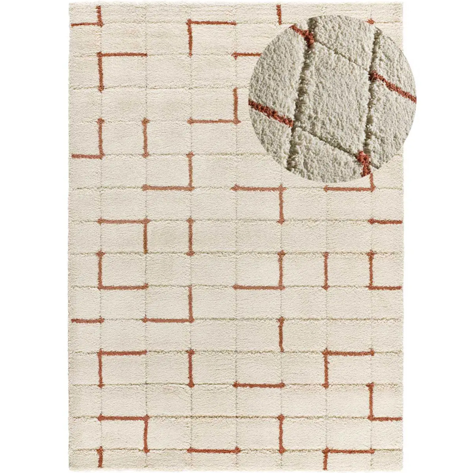 BRENDA Alfombra shaggy geométrica con relieve blanco y motivos caldera, varias medidas disponibles