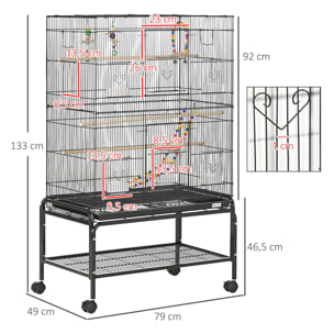 Cage à oiseaux sur roulettes - étagère, plateau déjection, 3 perchoirs, 4 mangeoirs, 2 portes, 8 trappes, accessoires - acier noir