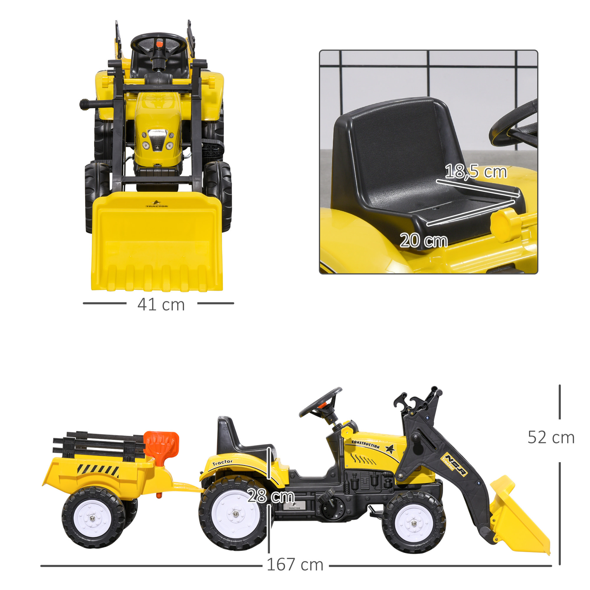 Tractor a Pedales para Niños de 3 Años Excavadora Infantil Juguete de Montar con Remolque Extraíble y Pala Delantera Carga 35 kg 167x41x52 cm Amarillo