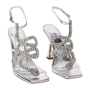Sandali argento in laminato e pietre, tacco 8,5 cm