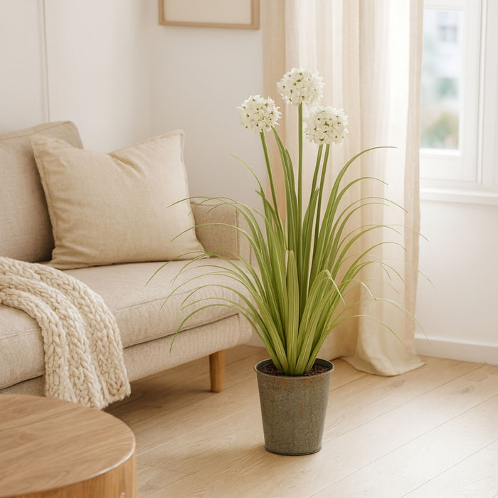 Agapanthe artificielle à fleurs blanches pot en zinc h99cm