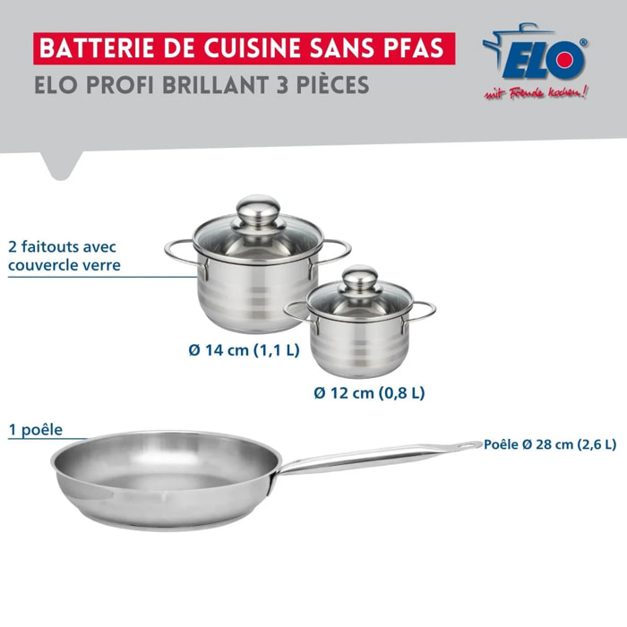 Ensemble de 1 Poêle de cuisson 28 cm et 2 faitouts 12 et 14 cm Elo Profi Brillant