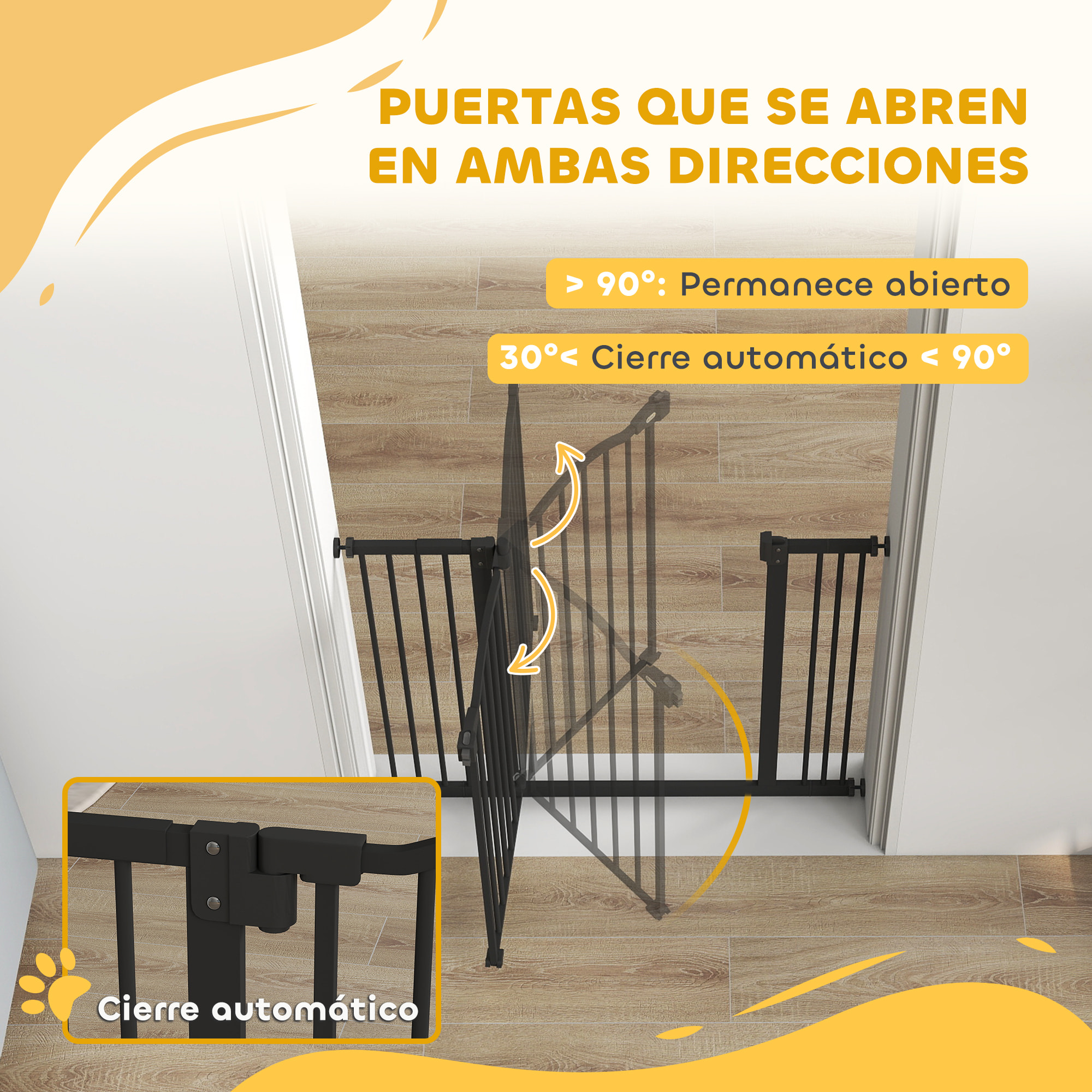 Barrera de seguridad para Perros Extensible 74-87 cm, para Puertas y Escaleras, Barrera para Perros con Extensión 7 cm, Montaje a Presión y Doble Bloqueo, Negro