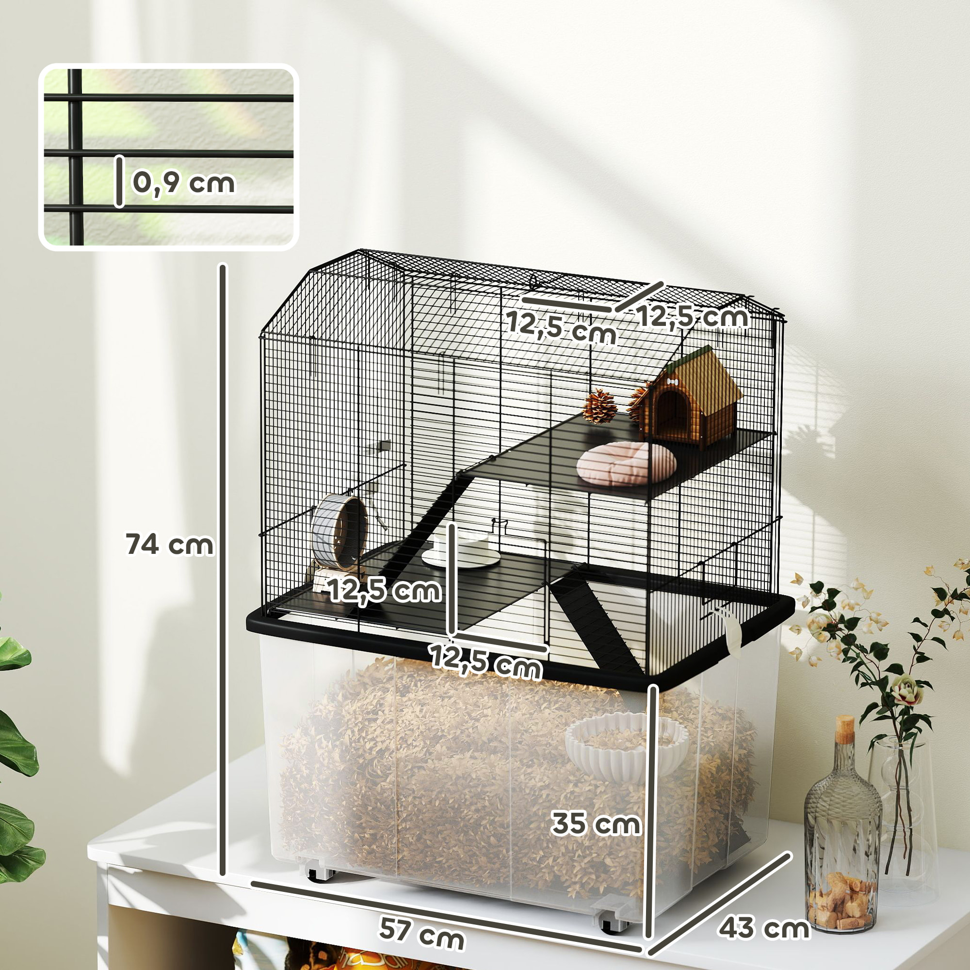 Cage rongeur hamster 3 étages - roulettes, plateforme, échelle, accessoires - PP transparent acier noir